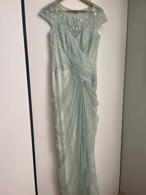 Tadashi Shoji Pale Mint Lace-Appliqué Draped Gown